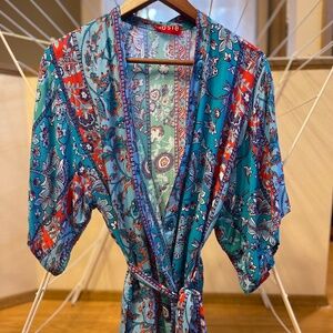 Josie Natori Patch Me Up Happi Coat Kimono Style Robe Blue Floral Womens Size XS